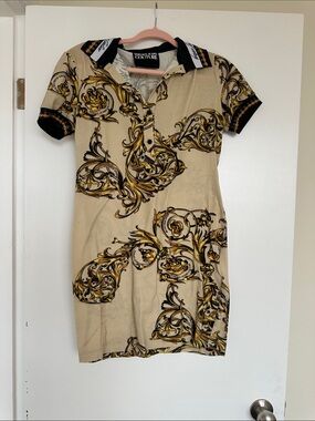Versace Jeans Couture Beige and Gold Baroque Polo Mini Dress